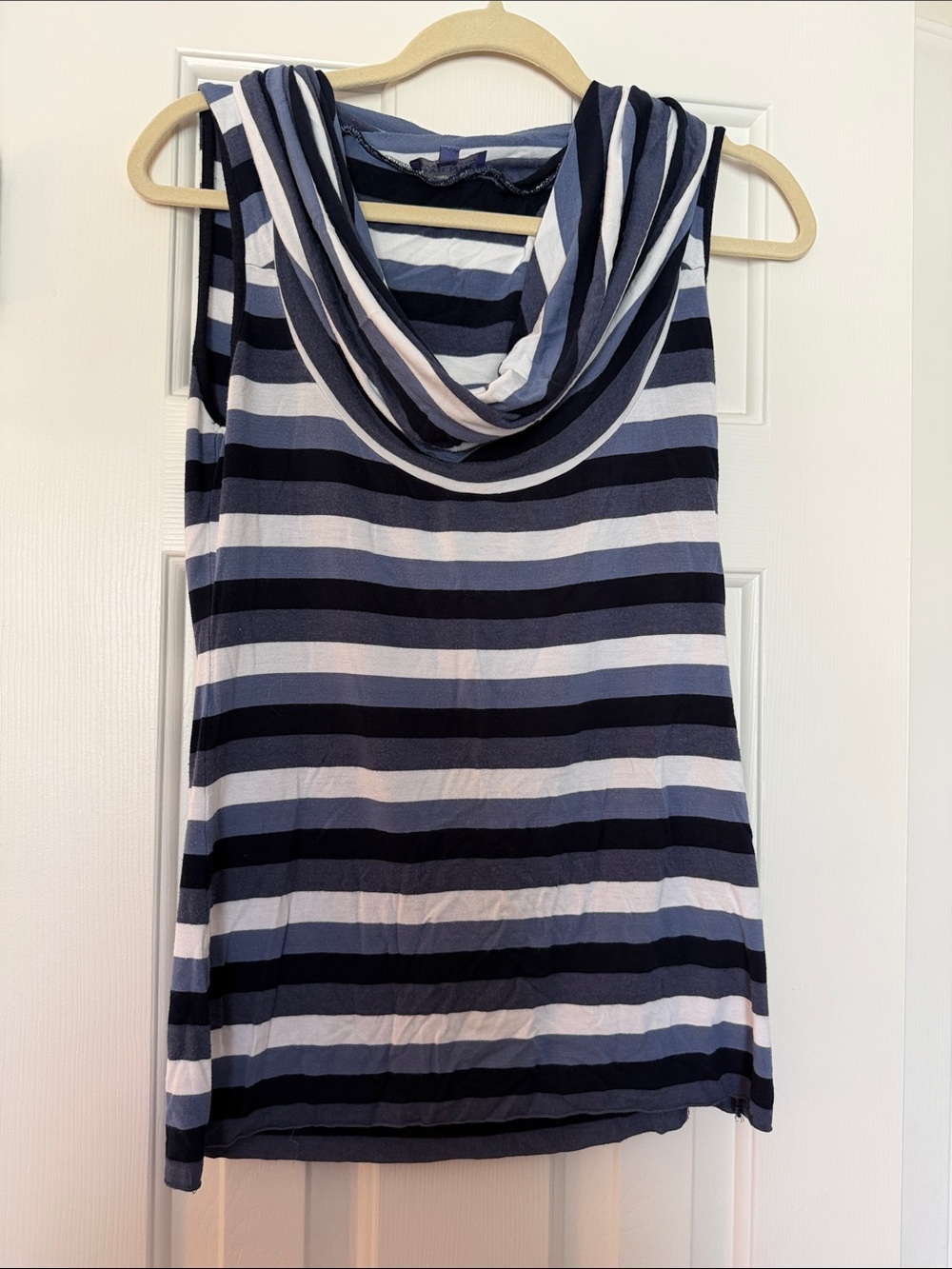 Vivienne Tam Navy, Light Blue & White Striped Sleeveless Cowl Neck Top